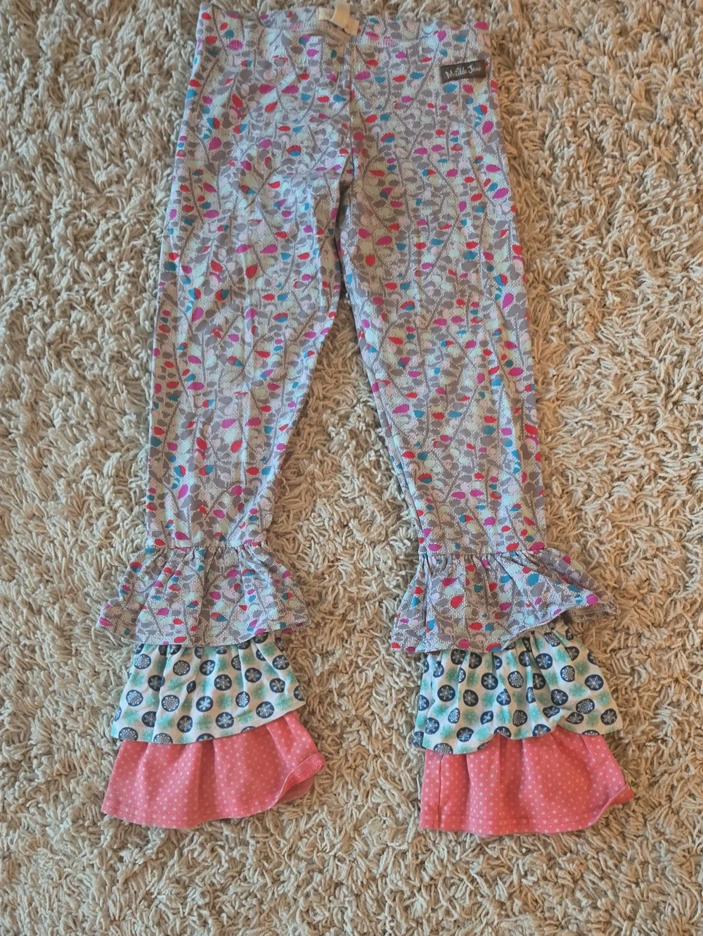 Matilda Jane Gray Leggings with Pink, Teal and Red Leaf Print